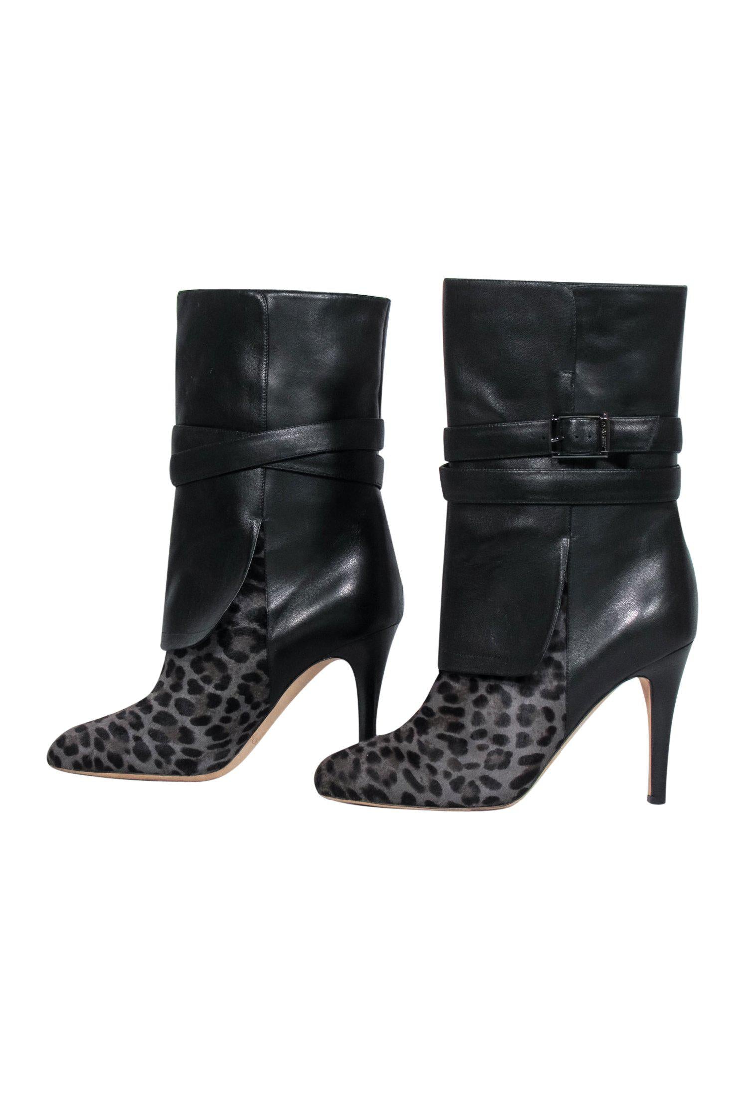 Jimmy Choo Black & Leopard Print Leather & Calf Hair Heeled Booties - Size 8 - Exquisite Clubwear