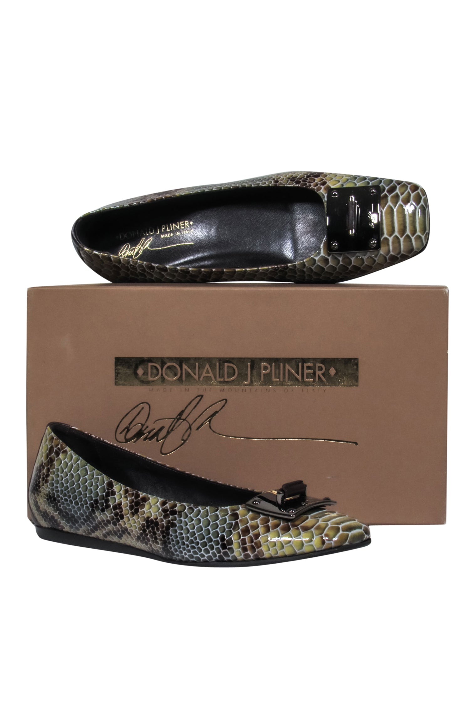 Donald J Pliner's Stunning Green & Brown Patent Leather Snakeskin Print Flats - Size 7.5