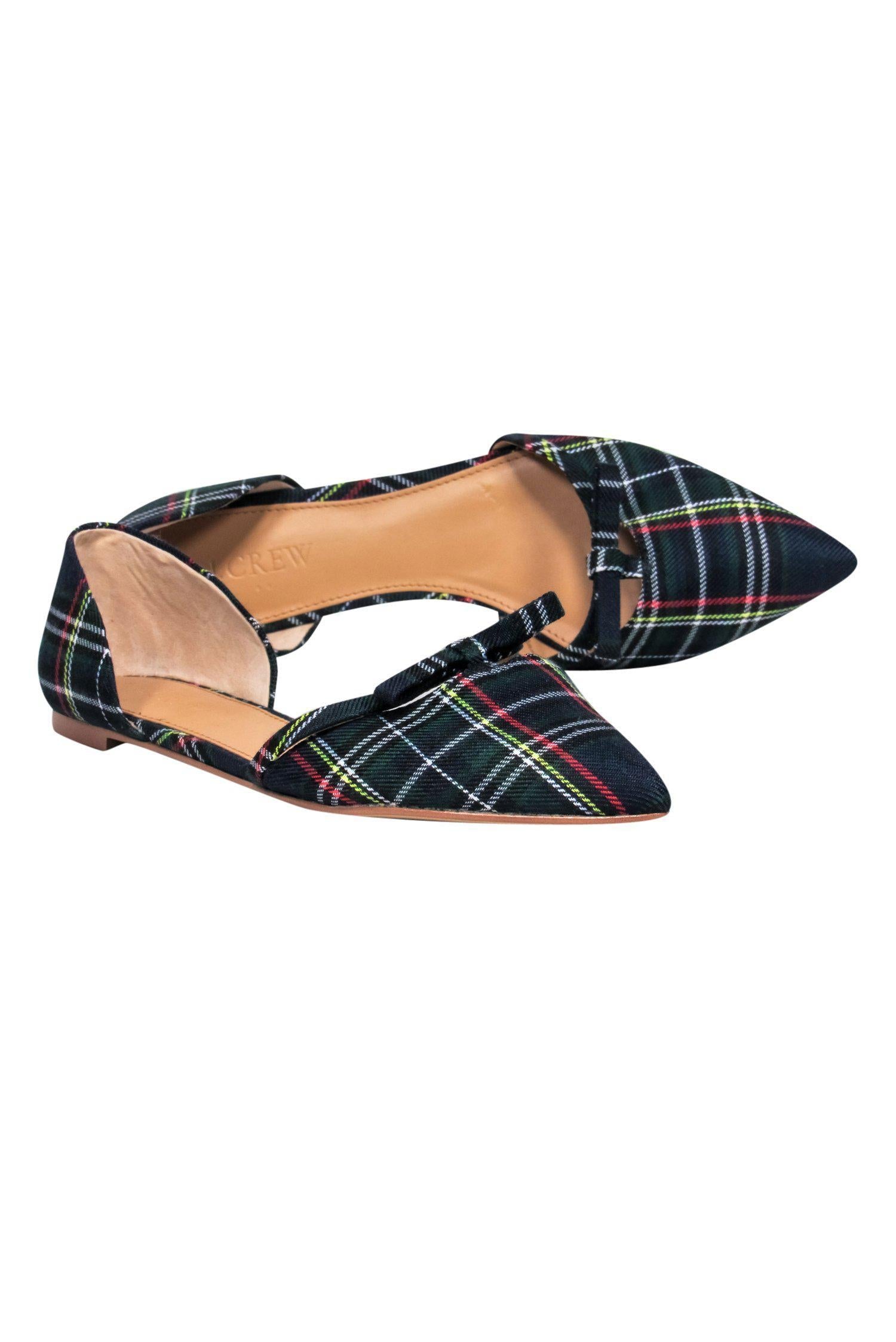 J.Crew Navy & Green Plaid Bow-Pointed Toe D'Orsay Flats - Size 8.5