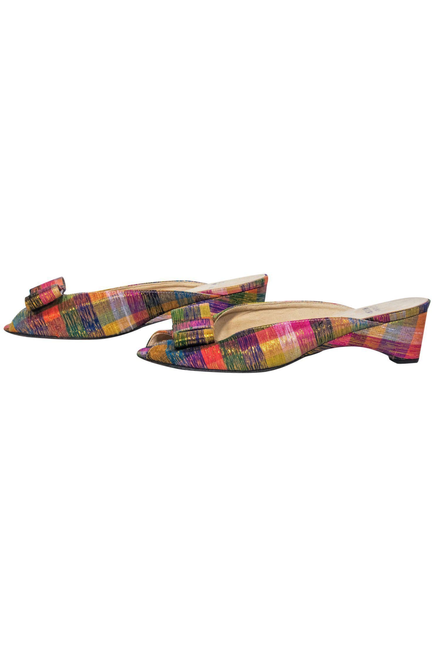 Stuart Weitzman's Magical Multicolored Metallic Plaid Peep - Toe Kitten Heels with Bow, Size 7