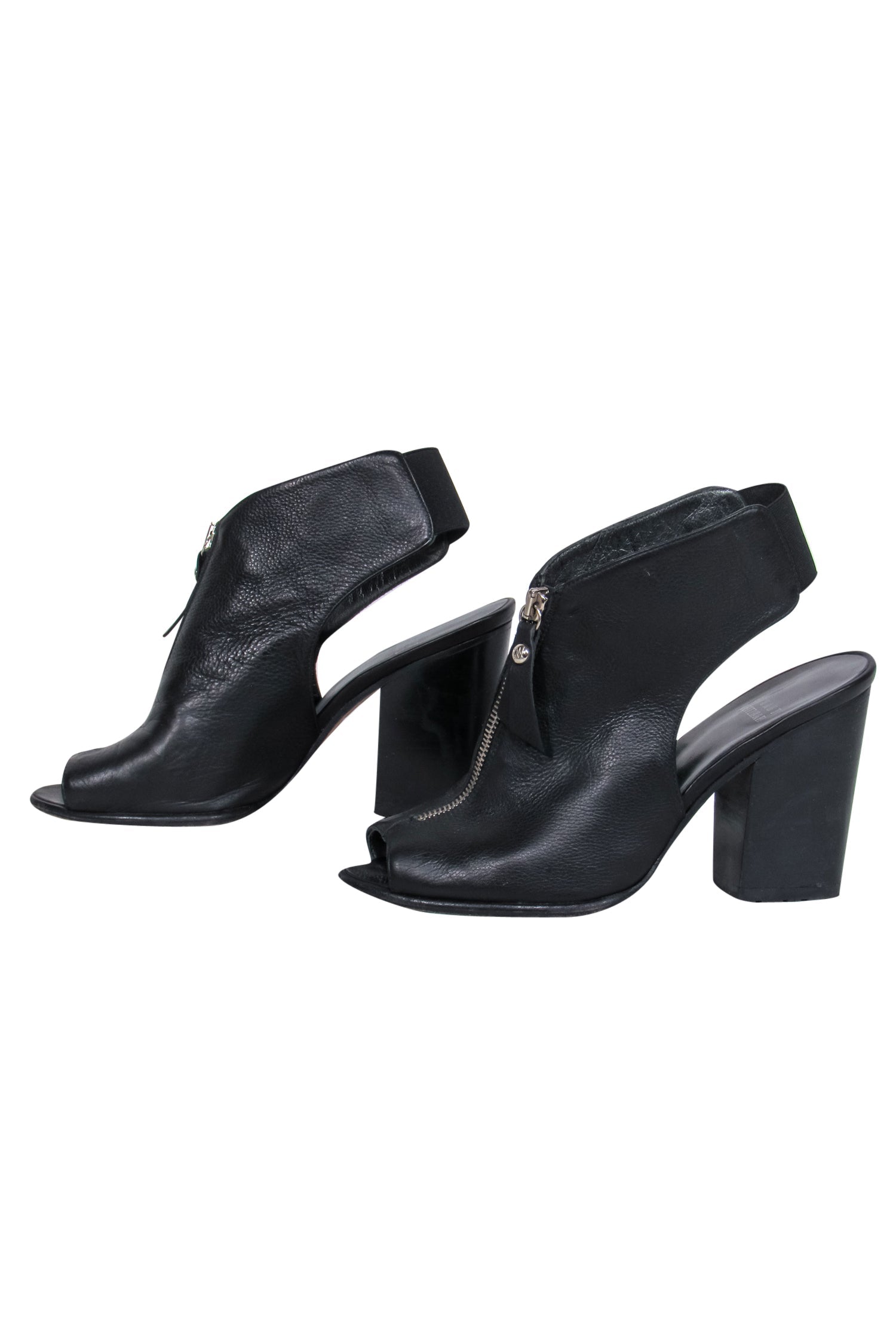 Stuart Weitzman - Stylish Black Smooth Leather Zippered Open Toe Block Heels in Size 7