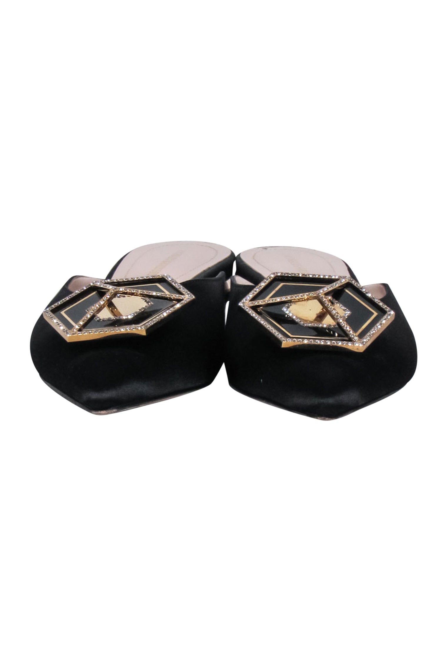 Nicholas Kirkwood Black Satin Crystal Toe Mule Flats - Size 7.5