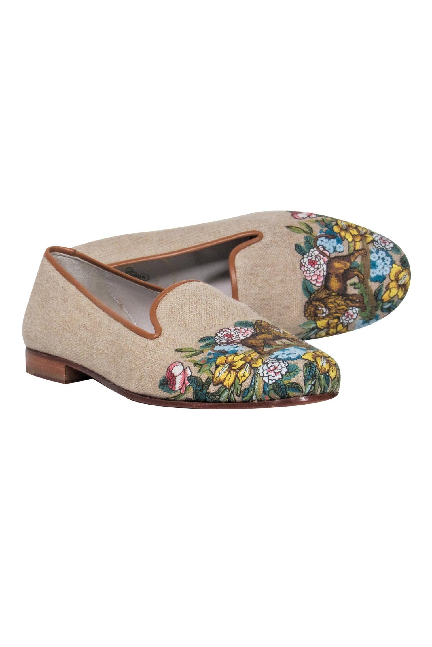 Stubbs & Wootton's Stunning Tan Canvas Slipper Loafers with Lion Embroidery - Size 8.5