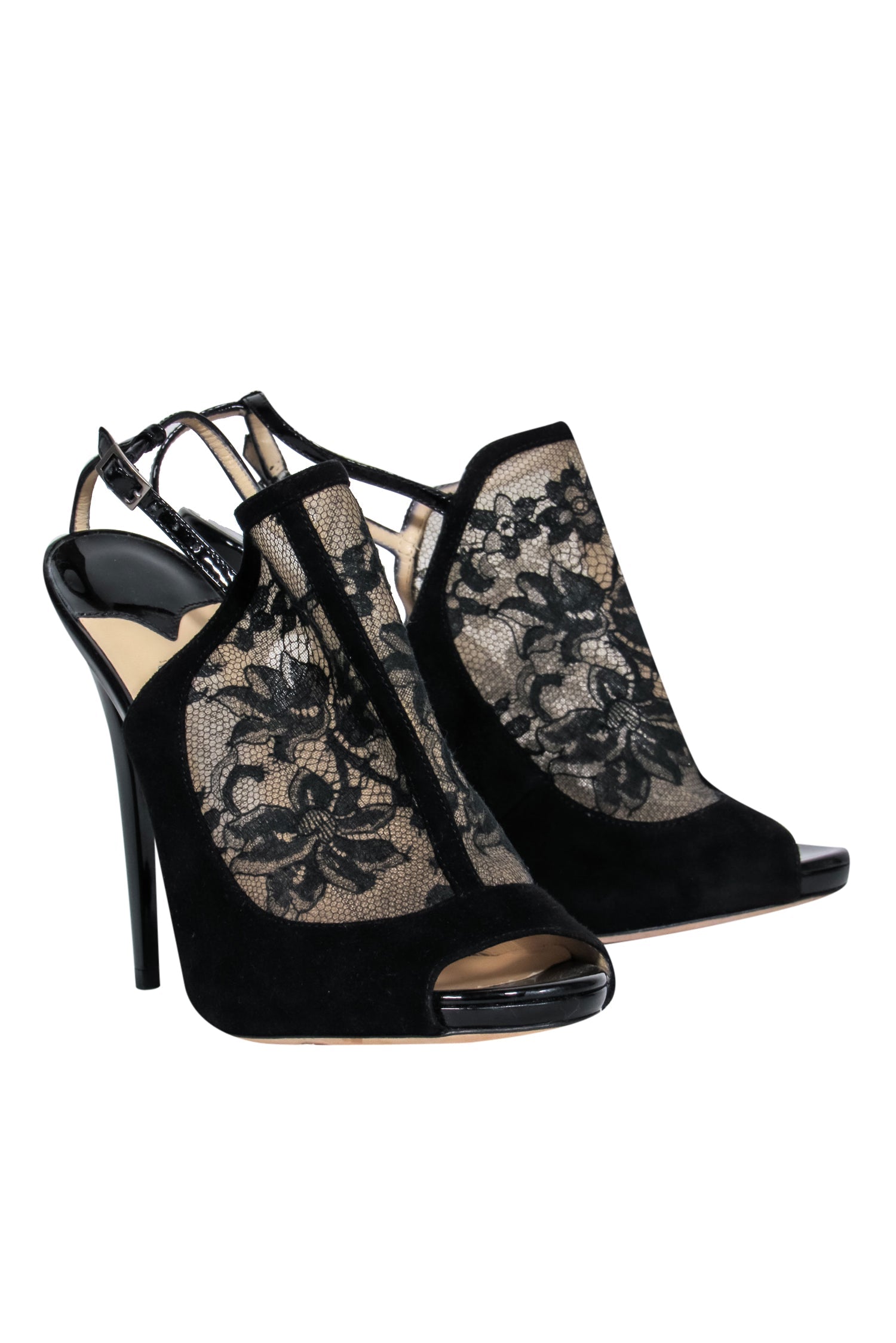 Jimmy Choo's Alluring Black Suede & Lace Slingback Stiletto Pumps - Size 8.5