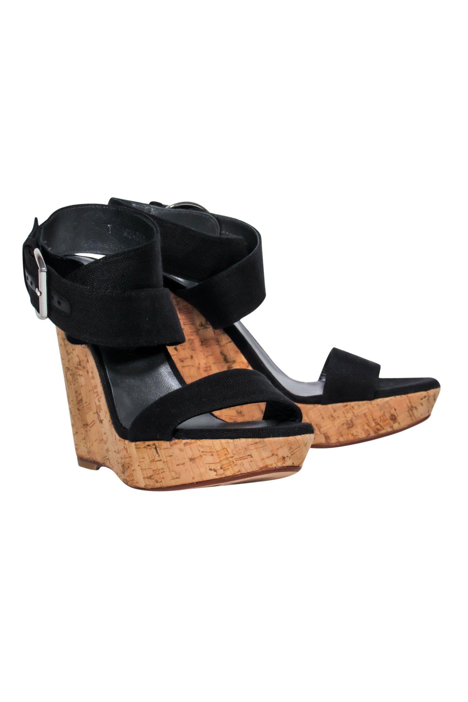 Stuart Weitzman's Chic Black Strappy Cork Platform Wedges - Size 7.5