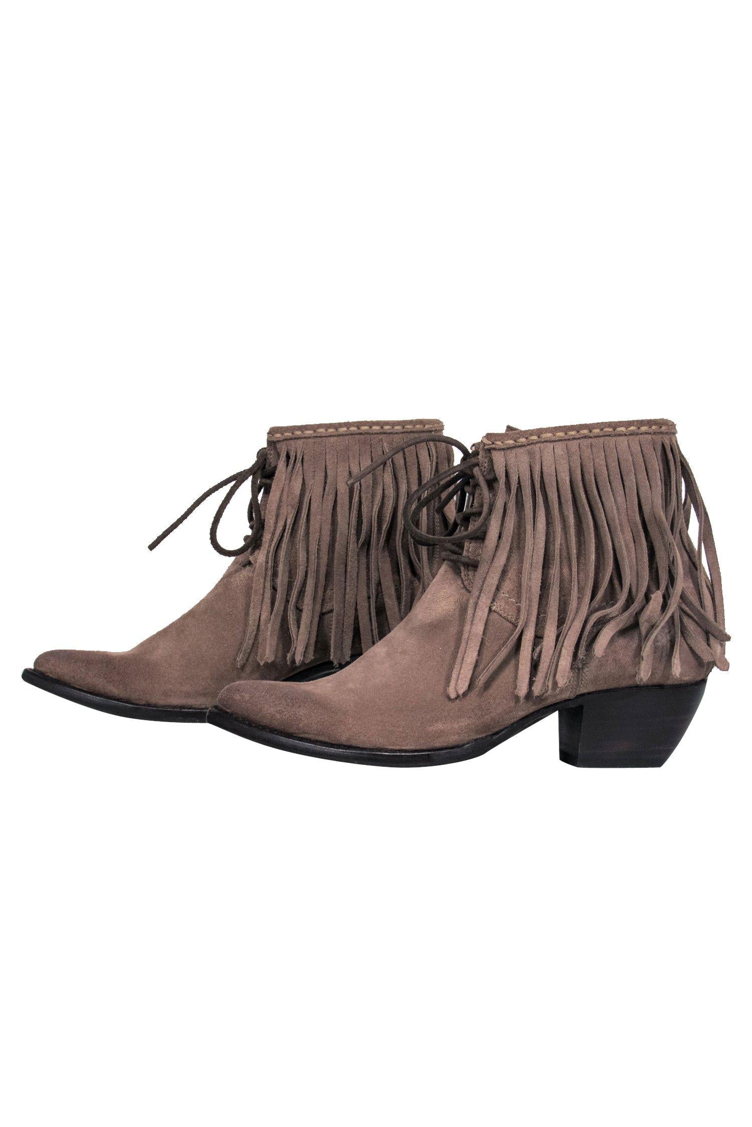 Frye Tan Suede Fringed Lace - Up Heeled Booties Size 8.5
