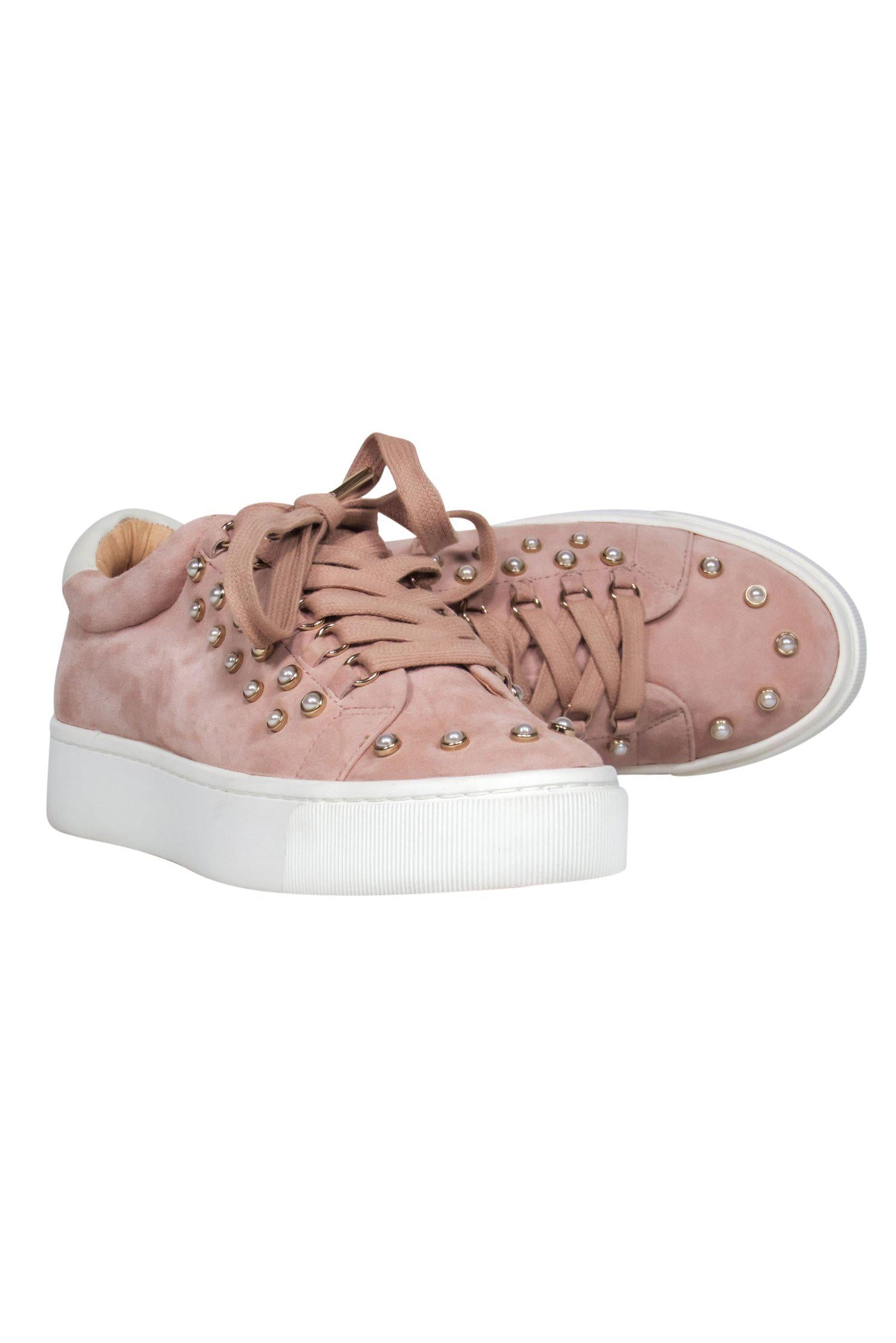 Joie's Stunning Pink Suede Lace-Up Platform Sneakers with Pearl Embellishments - Size 9