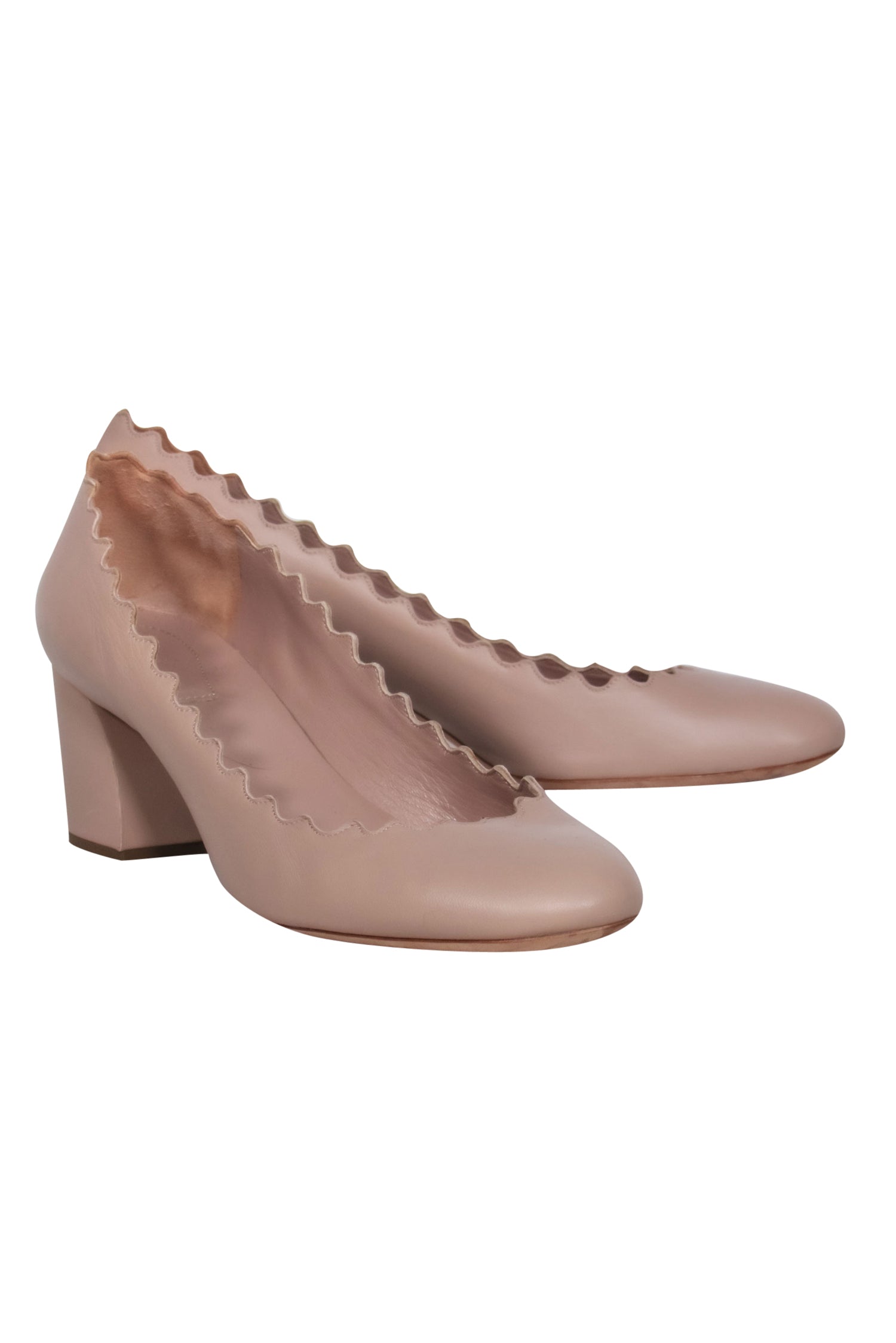 Chloe Beige Leather Scalloped Block Heel Pumps - Size 10: Chic & Irresistible!