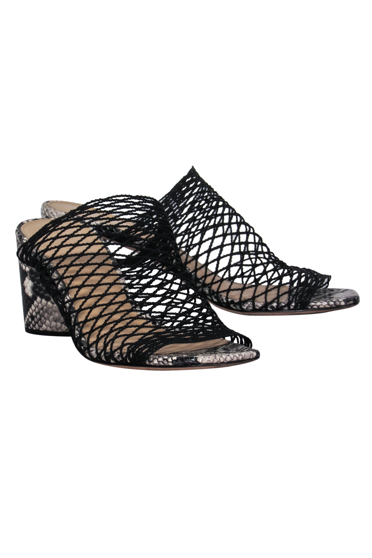 Veronica Beard Grey & Black Snakeskin Print Fishnet Heeled Mules - Size 8.5