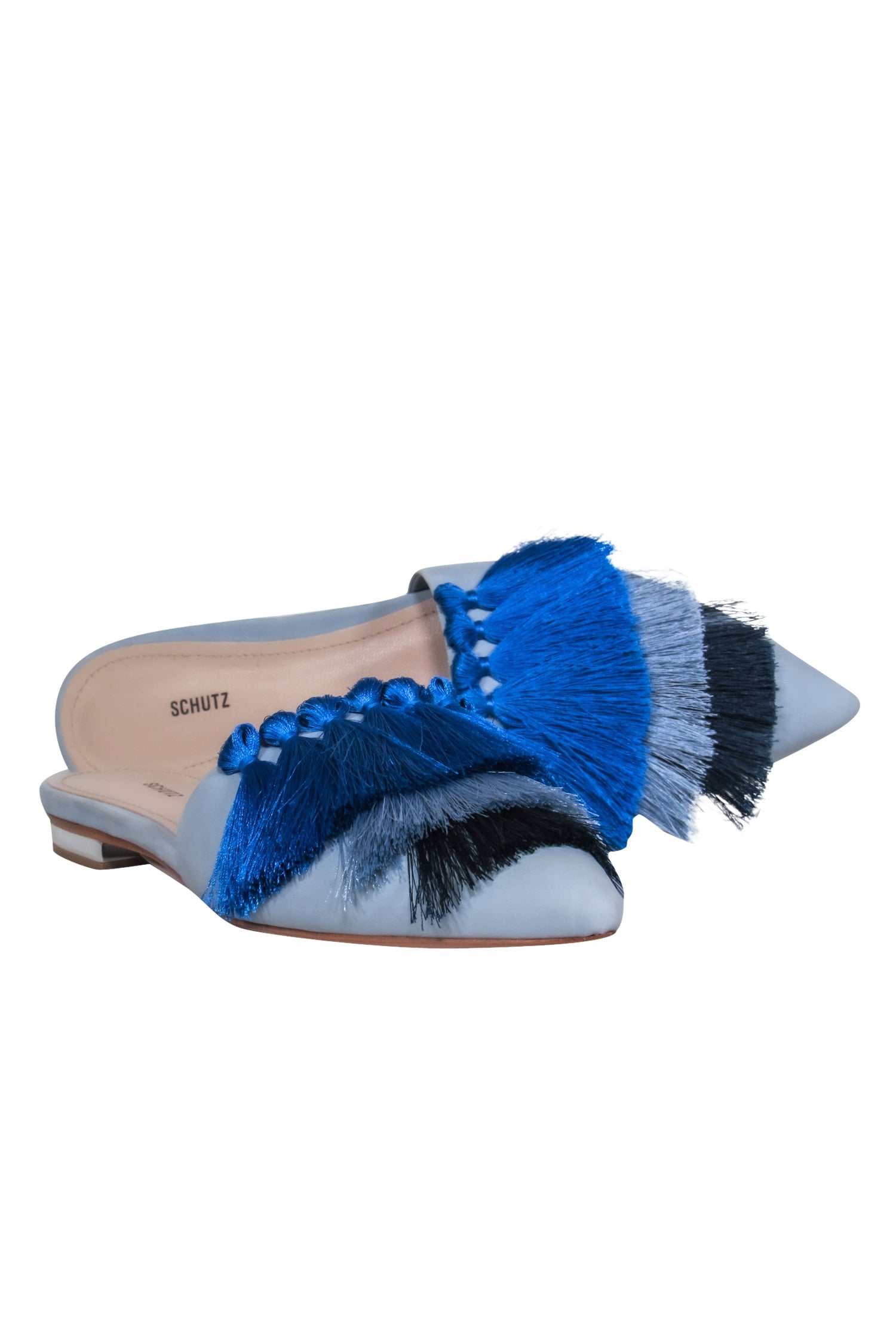 Schutz Light Blue Leather Fringed Pointed-Toe Mules - Size 8.5