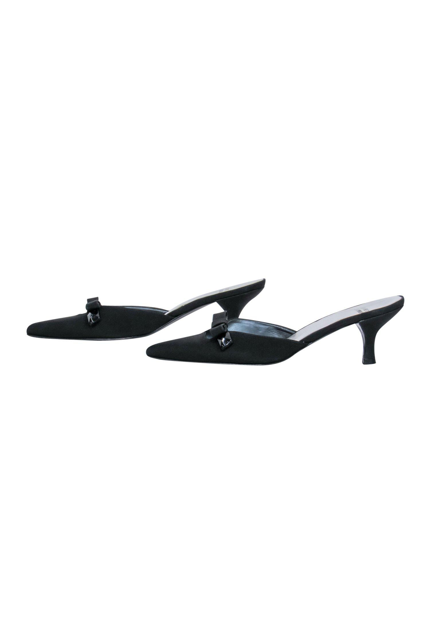 Stuart Weitzman Black Pointed Toe Kitten Heel Mules with Bows - Size 7.5: Add a Touch of Hollywood Glamour!