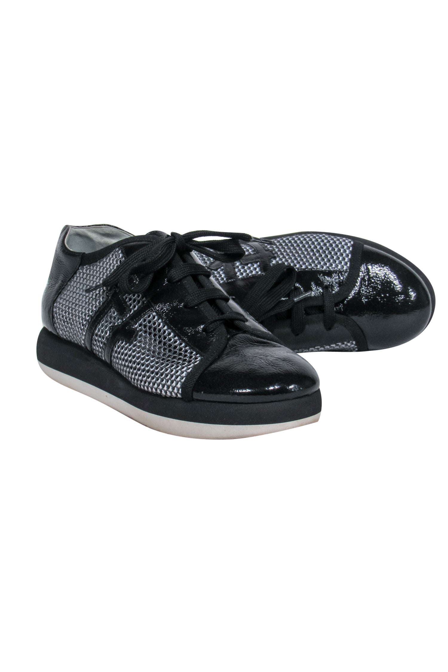 Thierry Rabotin's Stunning Black Patent Leather & Mesh Lace - Up Platform Sneakers in Size 7.5