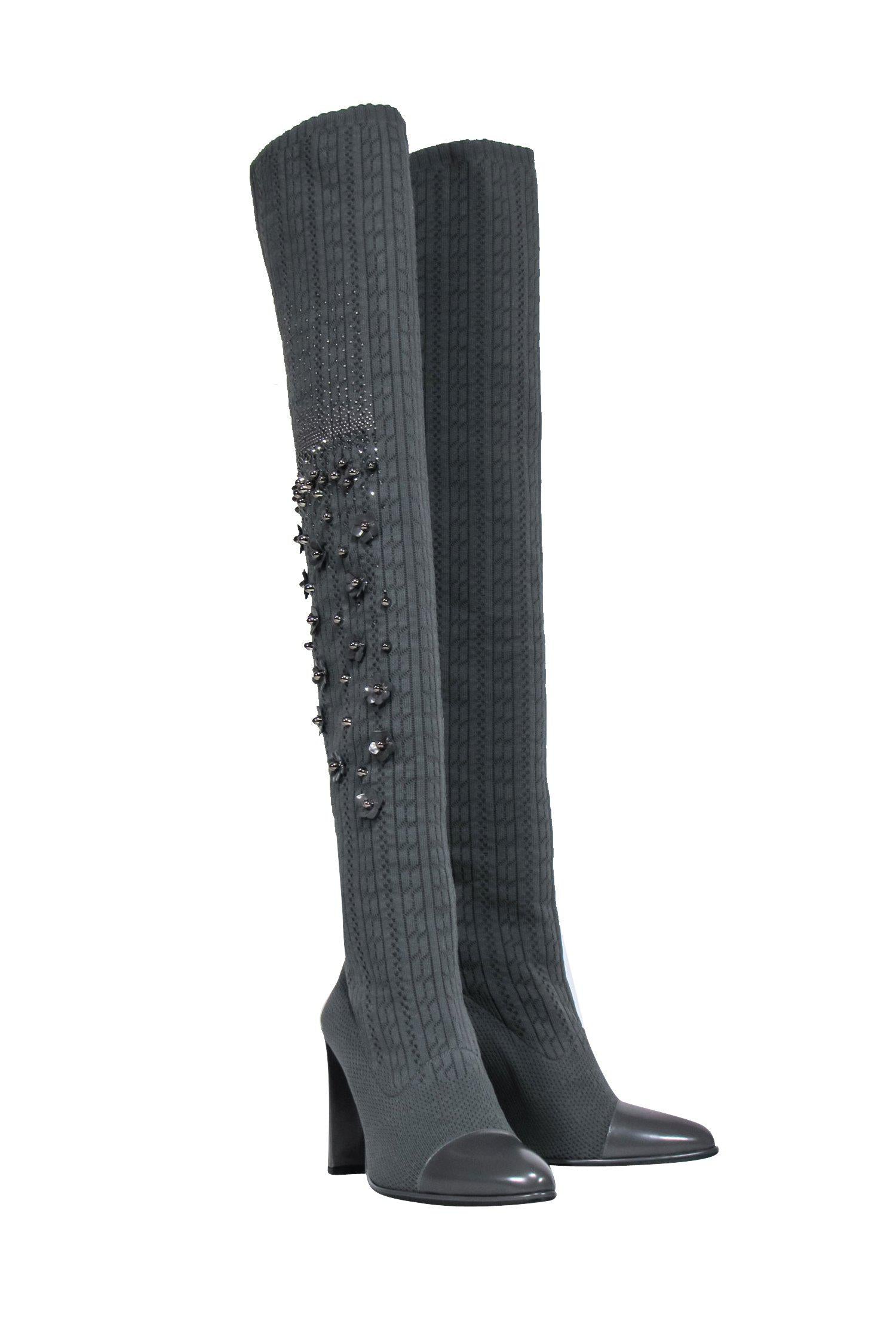 Stuart Weitzman - Gorgeous Grey Knit Over-the-Knee Heeled Boots with Sparkling Embellishments, Size 7.5