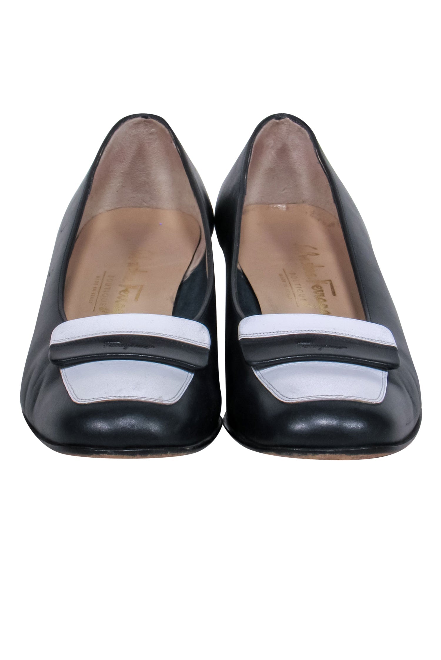 Ferragamo's Stunning Black & White Block Heel Loafers - Size 7.5