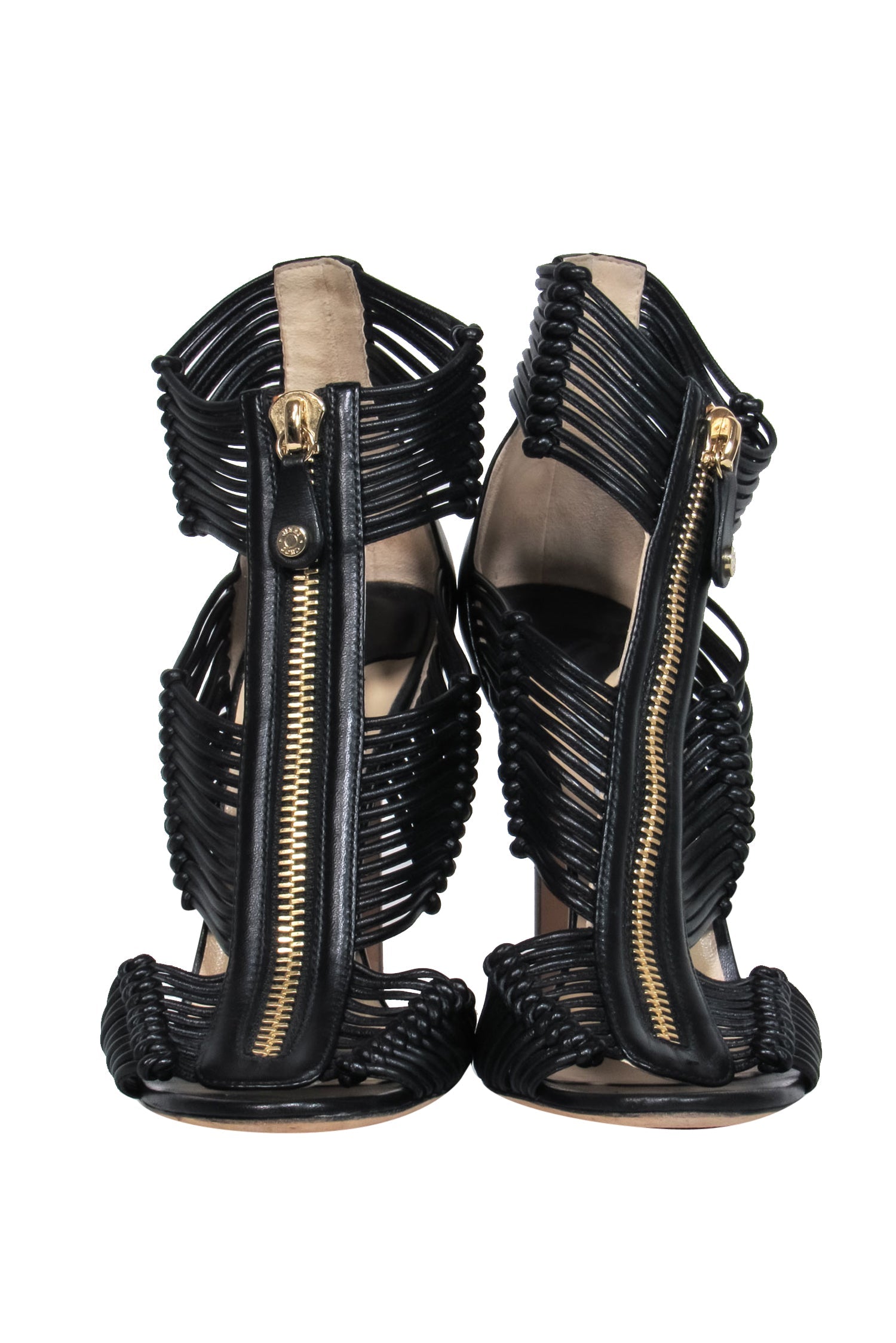 Jimmy Choo Black Leather Strappy Zip - Up Open Toe Heels: Size 8.5 Party Perfection
