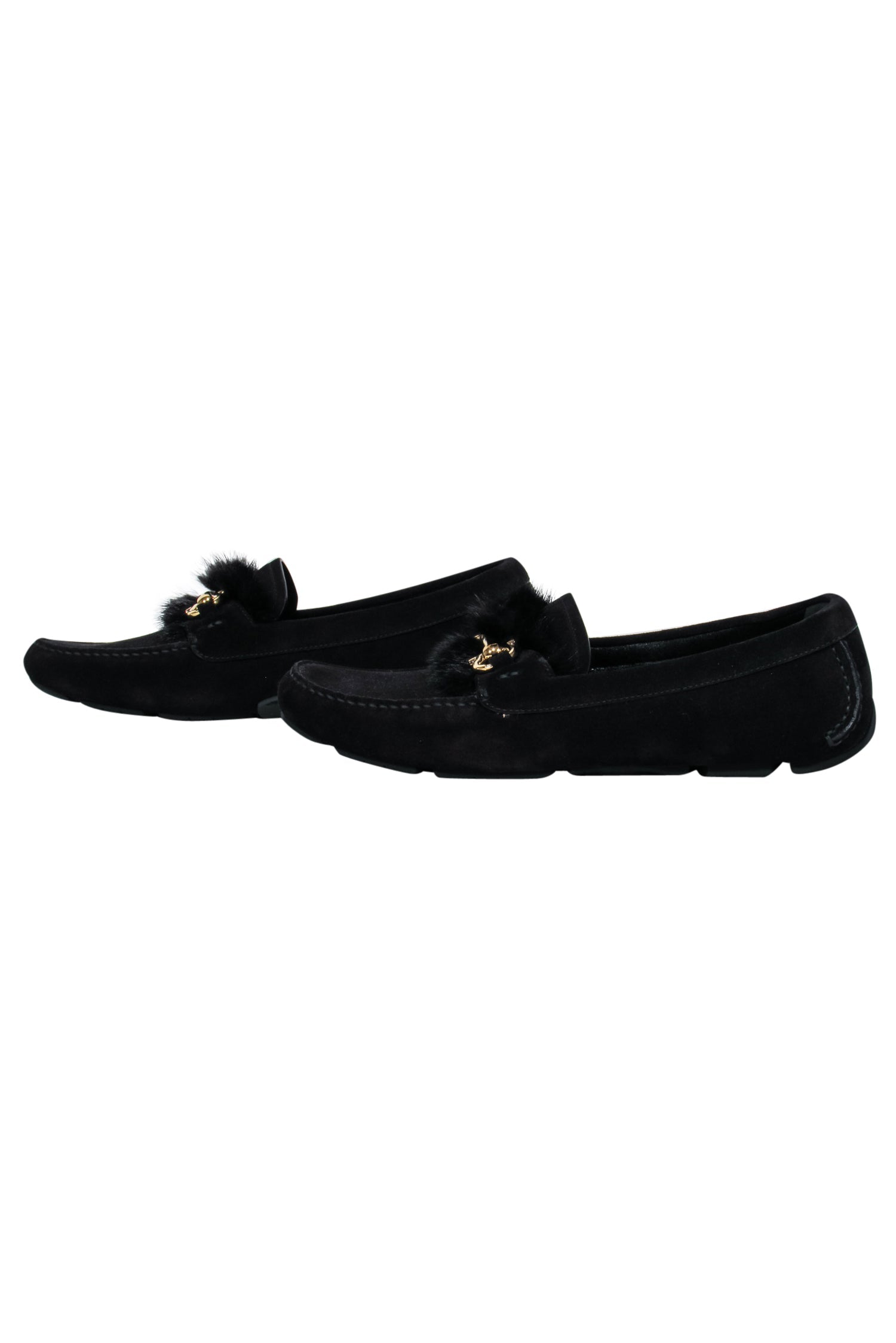 Ferragamo Black Suede Luxury Mink-Trimmed Loafers with Gold Details - Size 11