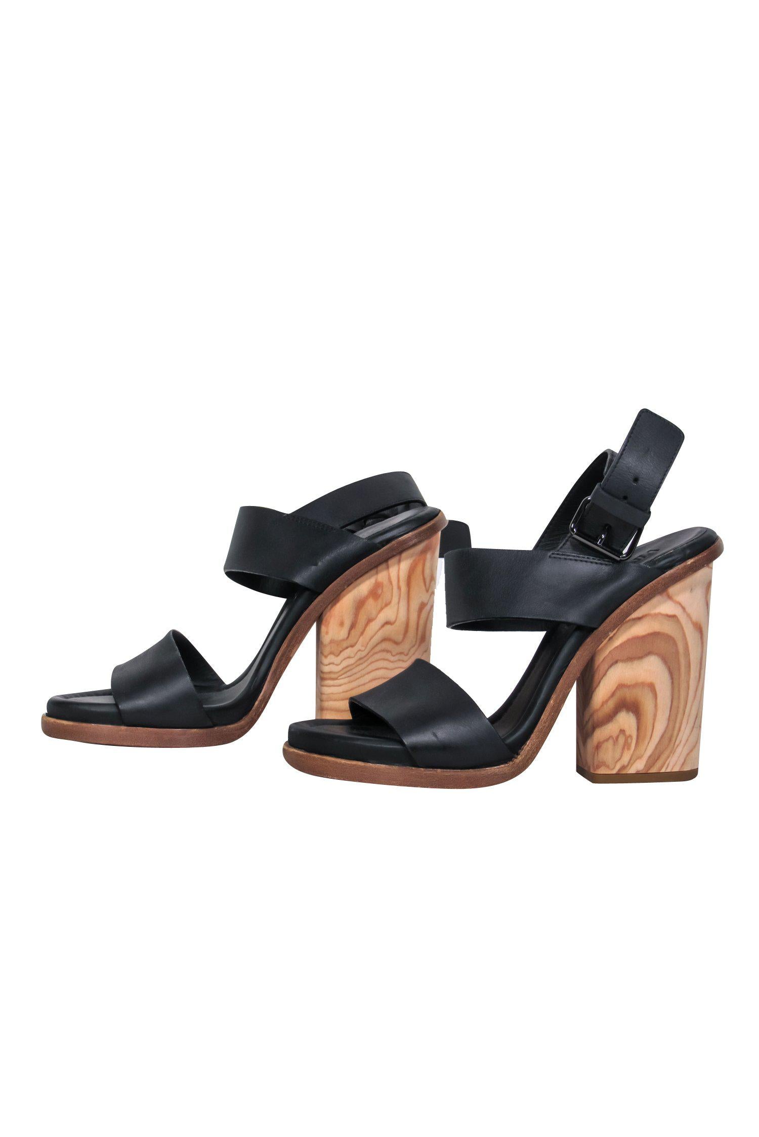 Vince Hayley Black Leather Strappy Wooden Block Heel Pumps - Size 6