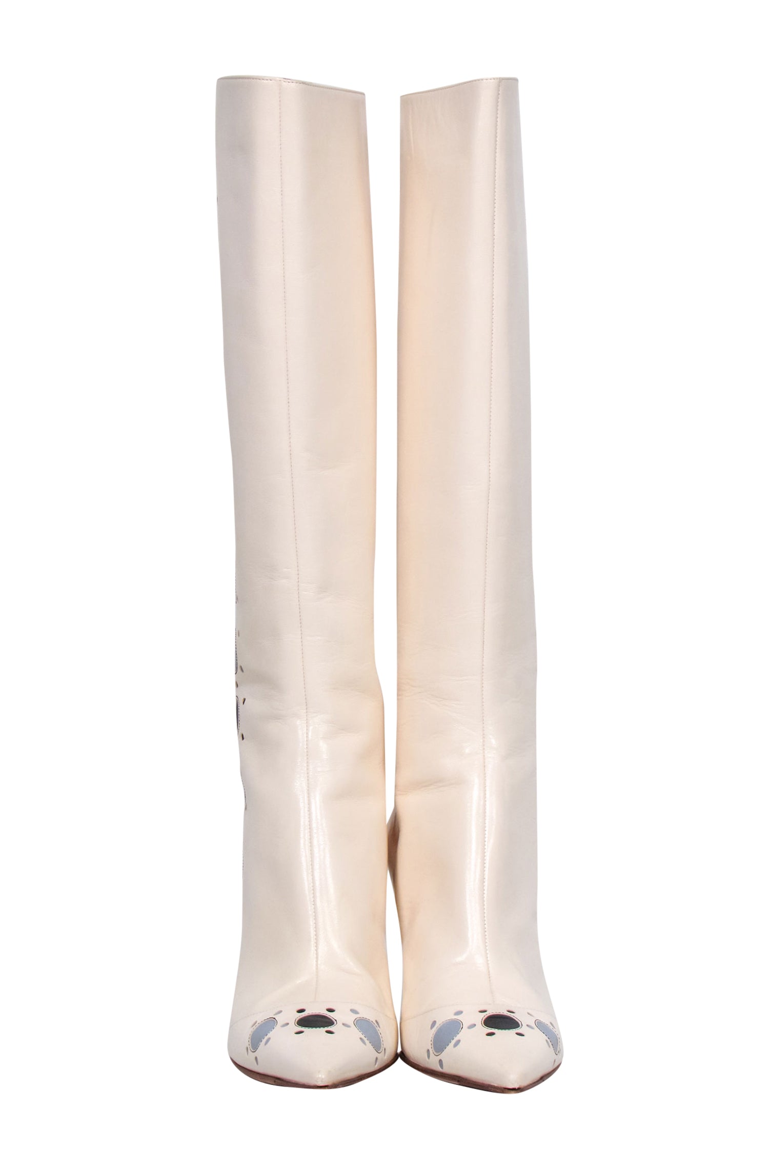 Jimmy Choo Ivory Pointed-Toe Stiletto Go-Go Boots with Blue Bubble Cutouts - Size 8