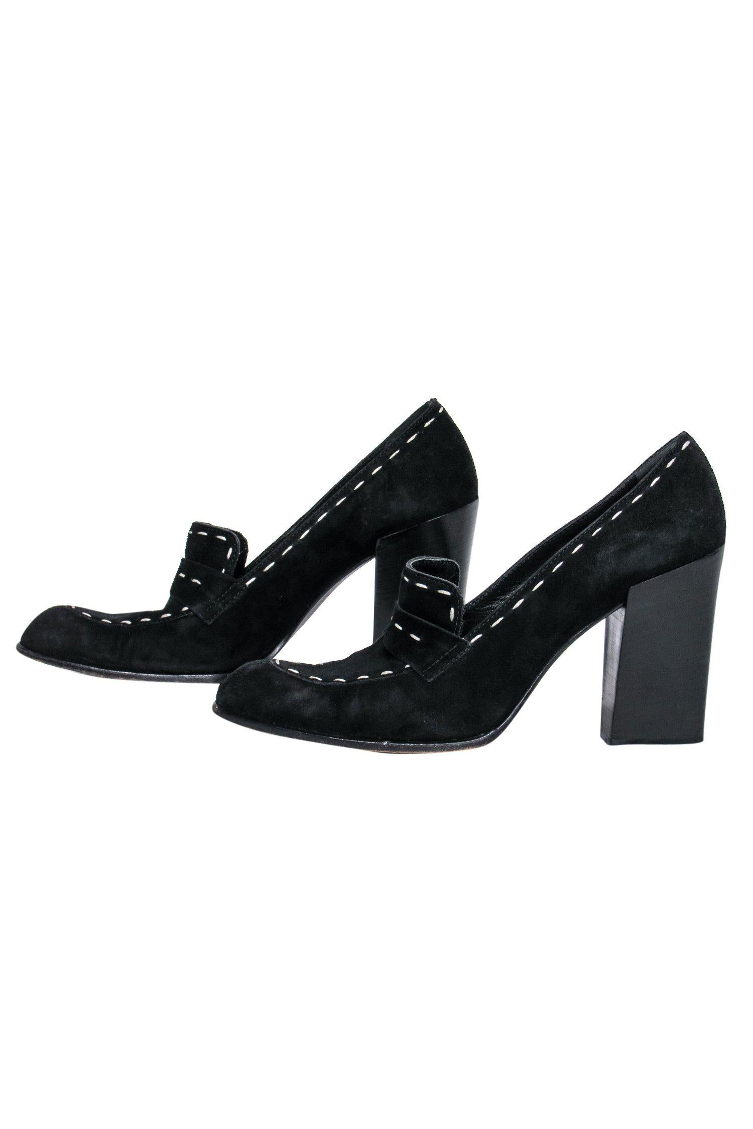 Moschino Black Suede Loafer-Style Heels with White Stitching - Size 8