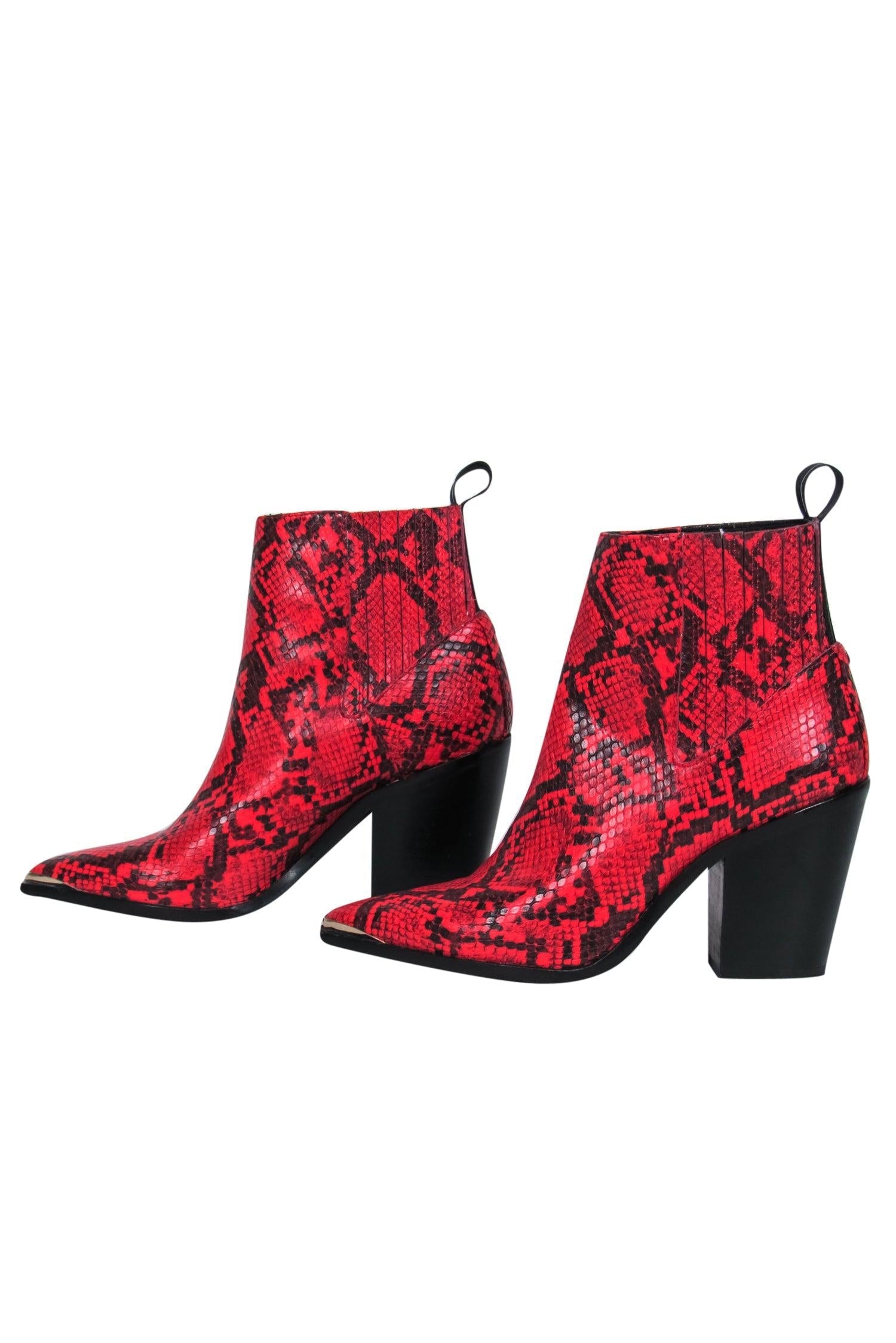 Kenneth Cole - Fiery Red Snakeskin Embossed Leather Pointed Toe Boots - Size 6.5