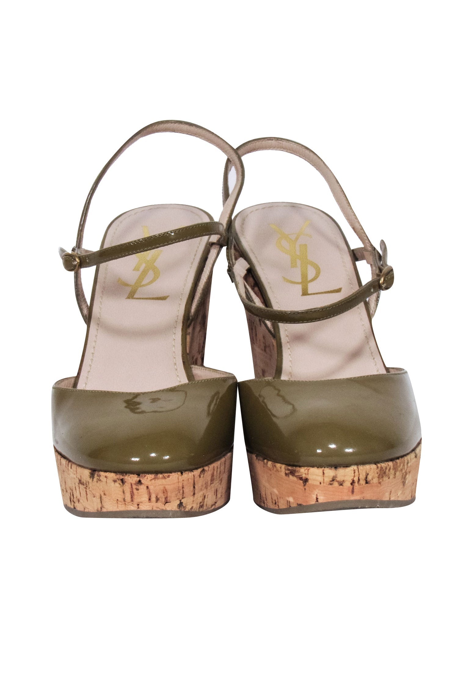 Yves Saint Laurent Olive Patent Leather Round Toe Wedges - Size 5 Summer Must-Have