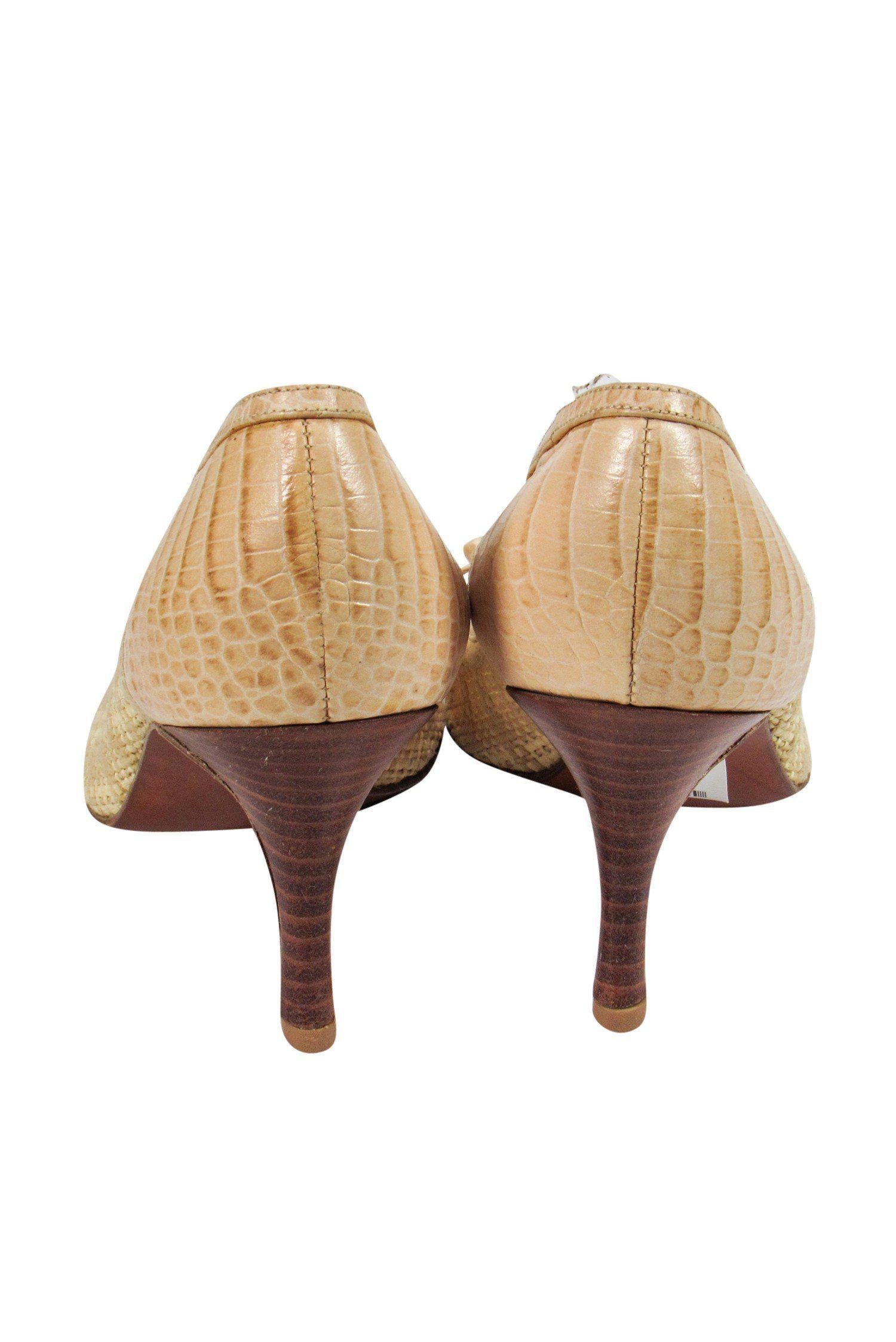 Stuart Weitzman - Chic Tan Wicker Woven Peep-Toe Pumps, Size 8.5