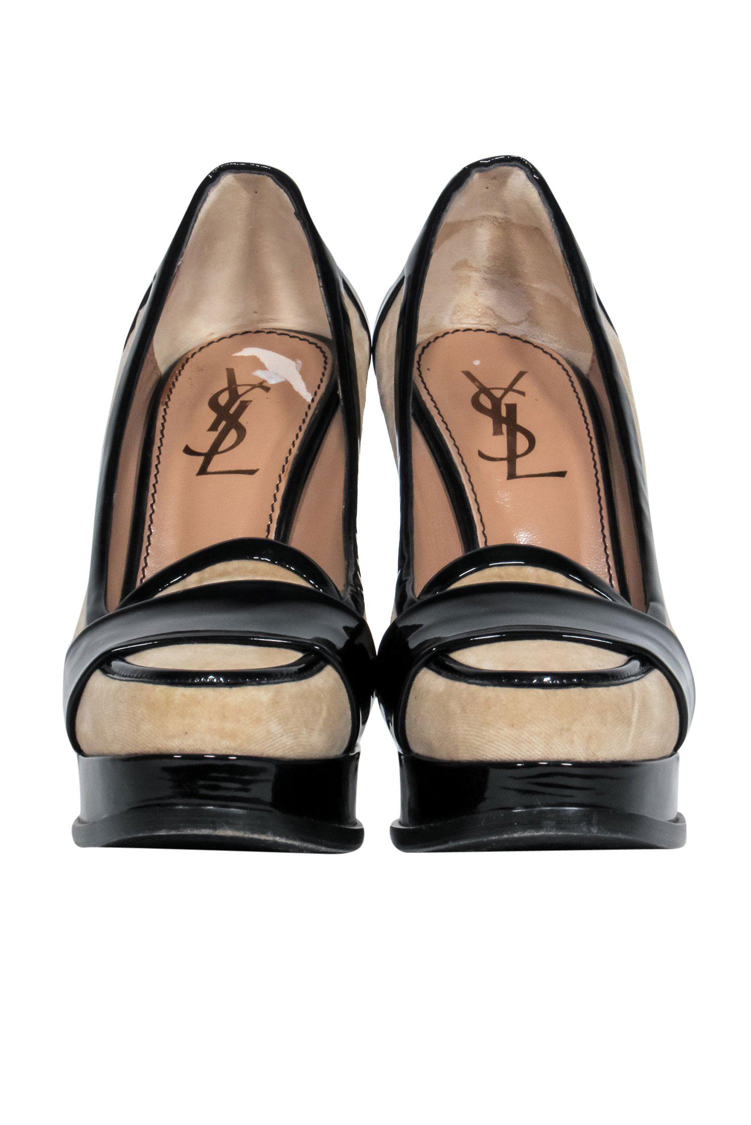 Yves Saint Laurent Beige Suede Platform Pumps with Patent Leather Trim - Size 7