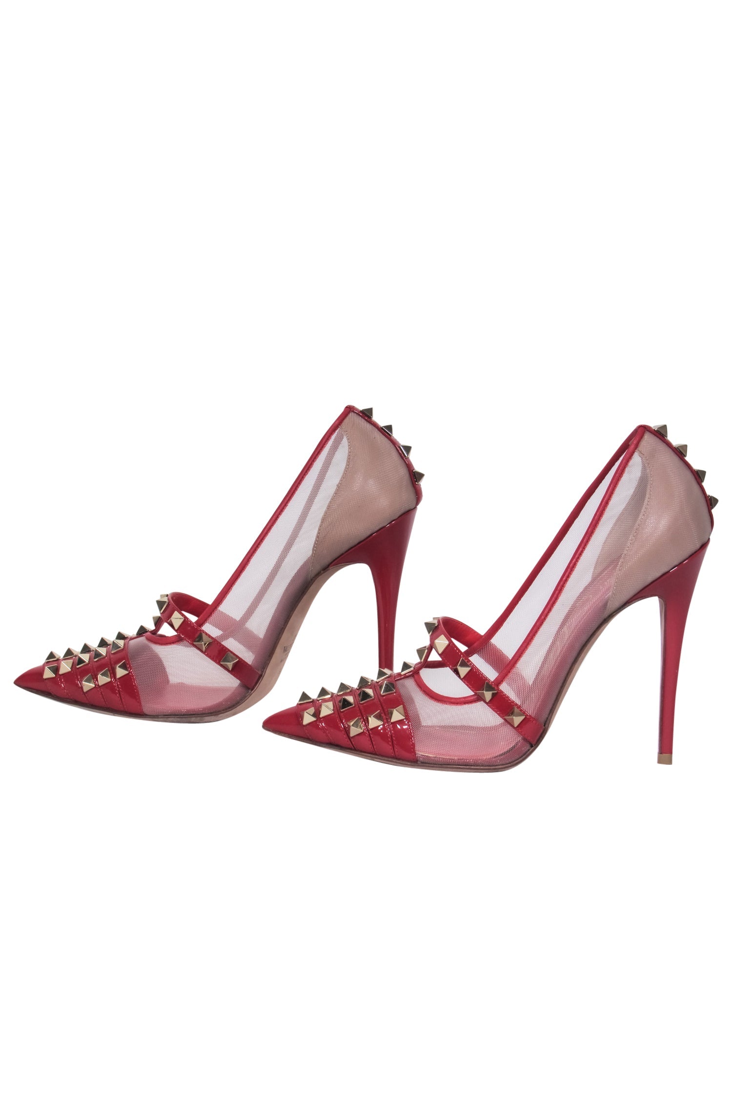 Valentino Red Patent & Mesh Studded Caged Pointed Toe Rockstud Pumps - Size 7.5