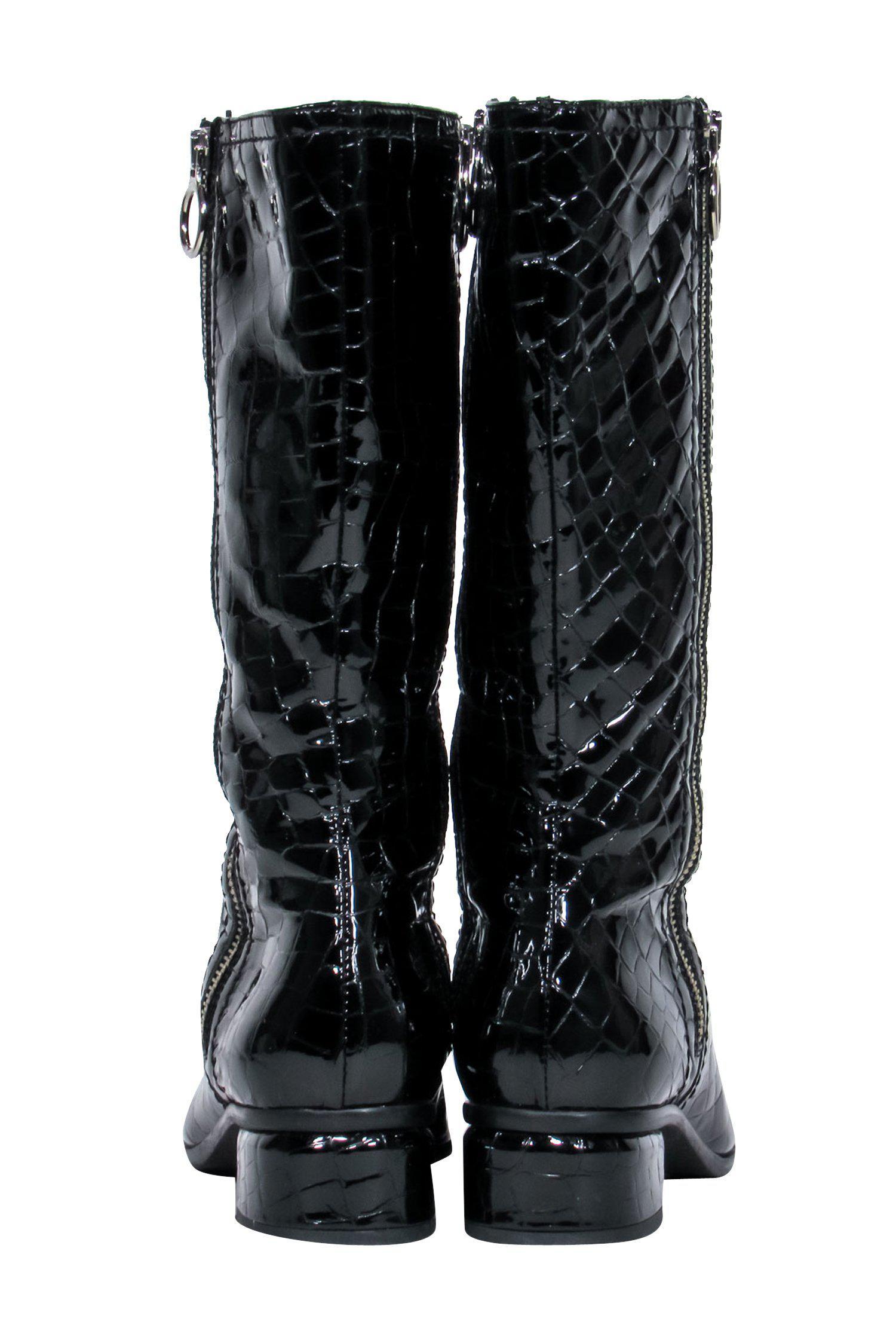 Aquatalia Black Patent Leather Crocodile Embossed Calf High Boots - Size 8.5 - Fashionable Safari Chic