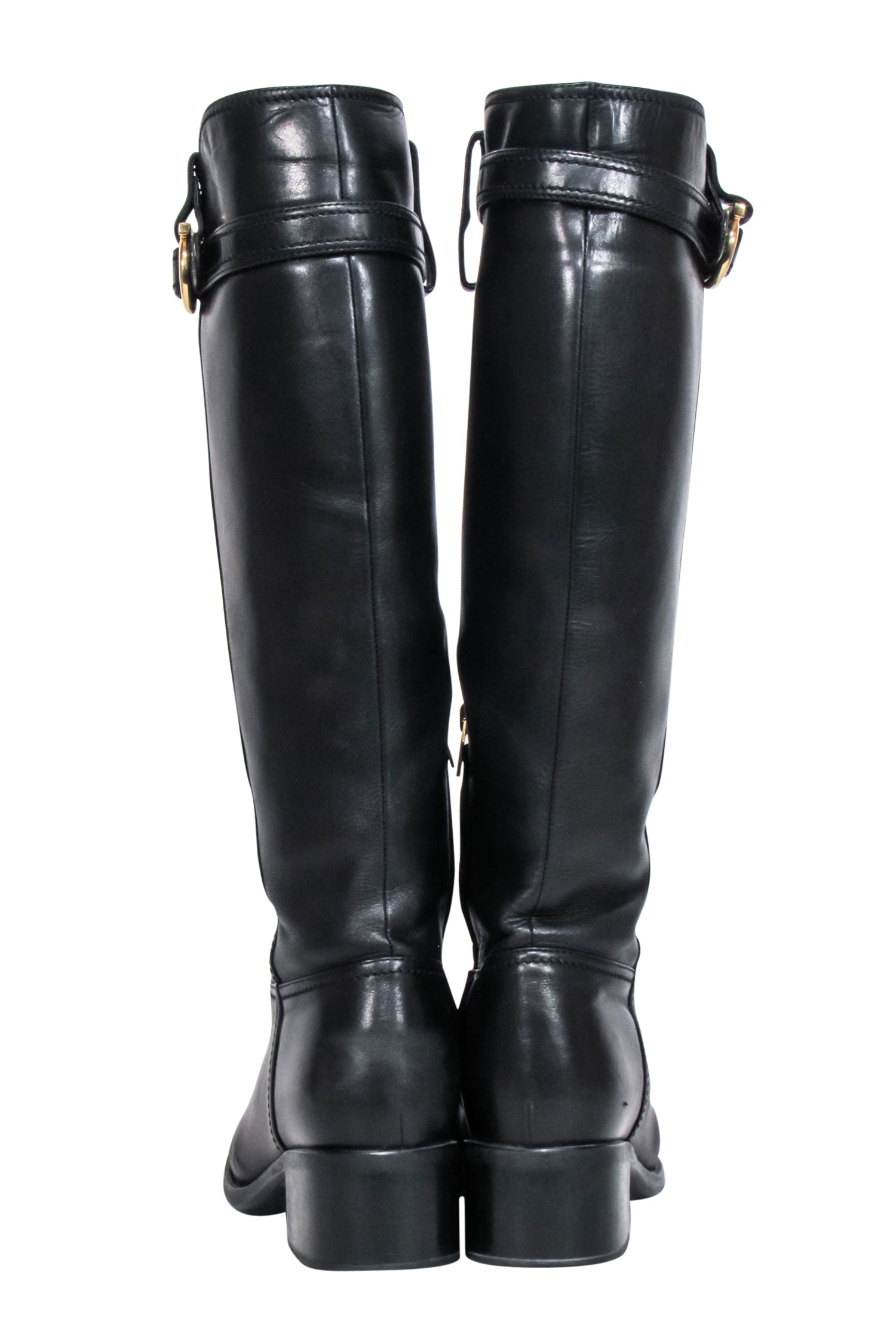 Ferragamo's Stunning Black Leather Riding Boots with Gancini Accent - Size 7.5