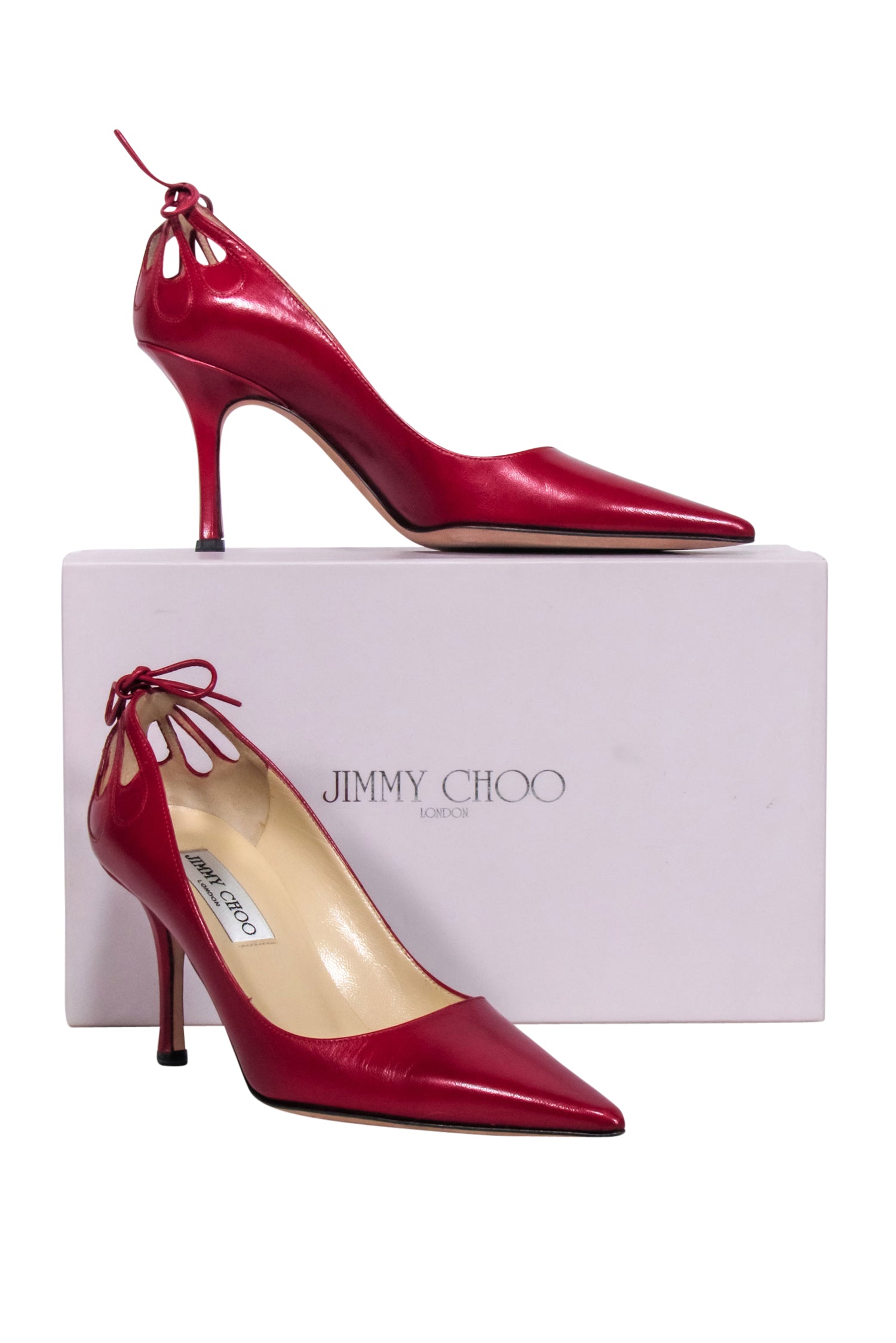 Jimmy Choo Red Leather Pointed-Toe Lasercut Bow Pumps - Size 6.5