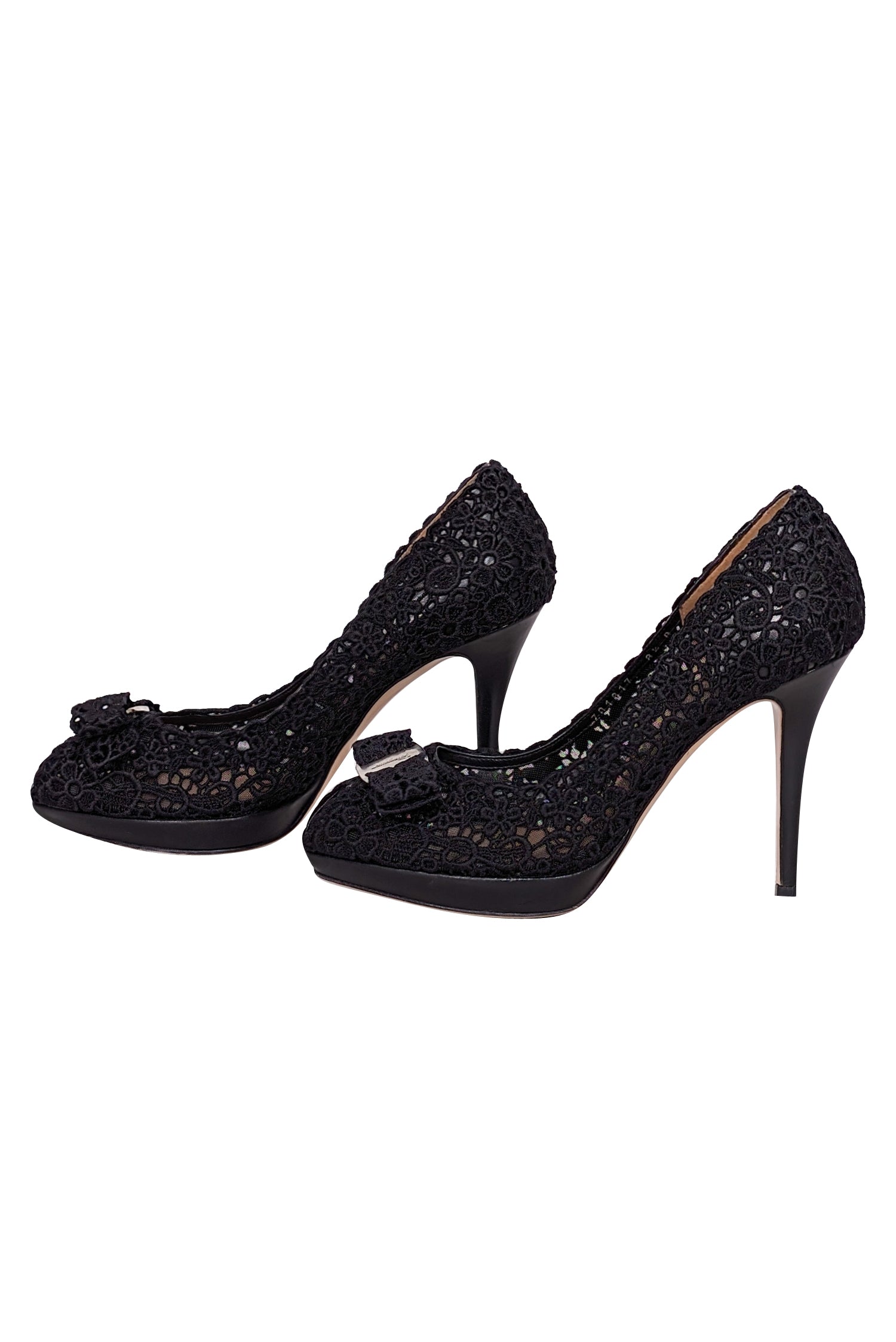 Ferragamo's Alluring Black Eyelet Lace Peep Toe Pumps - Size 8.5