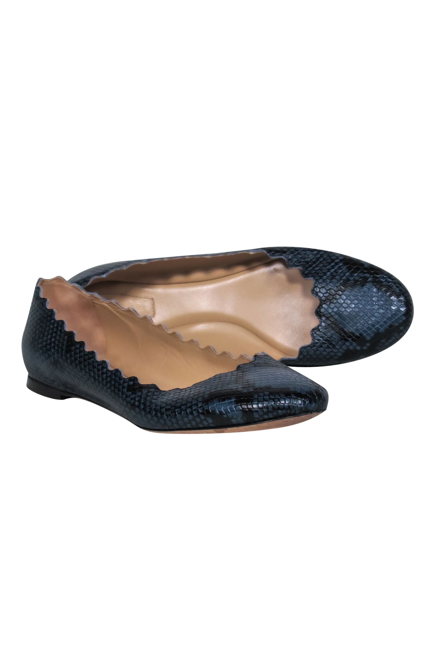 Chloe Navy Snakeskin Print Scalloped Flats - Size 9.5