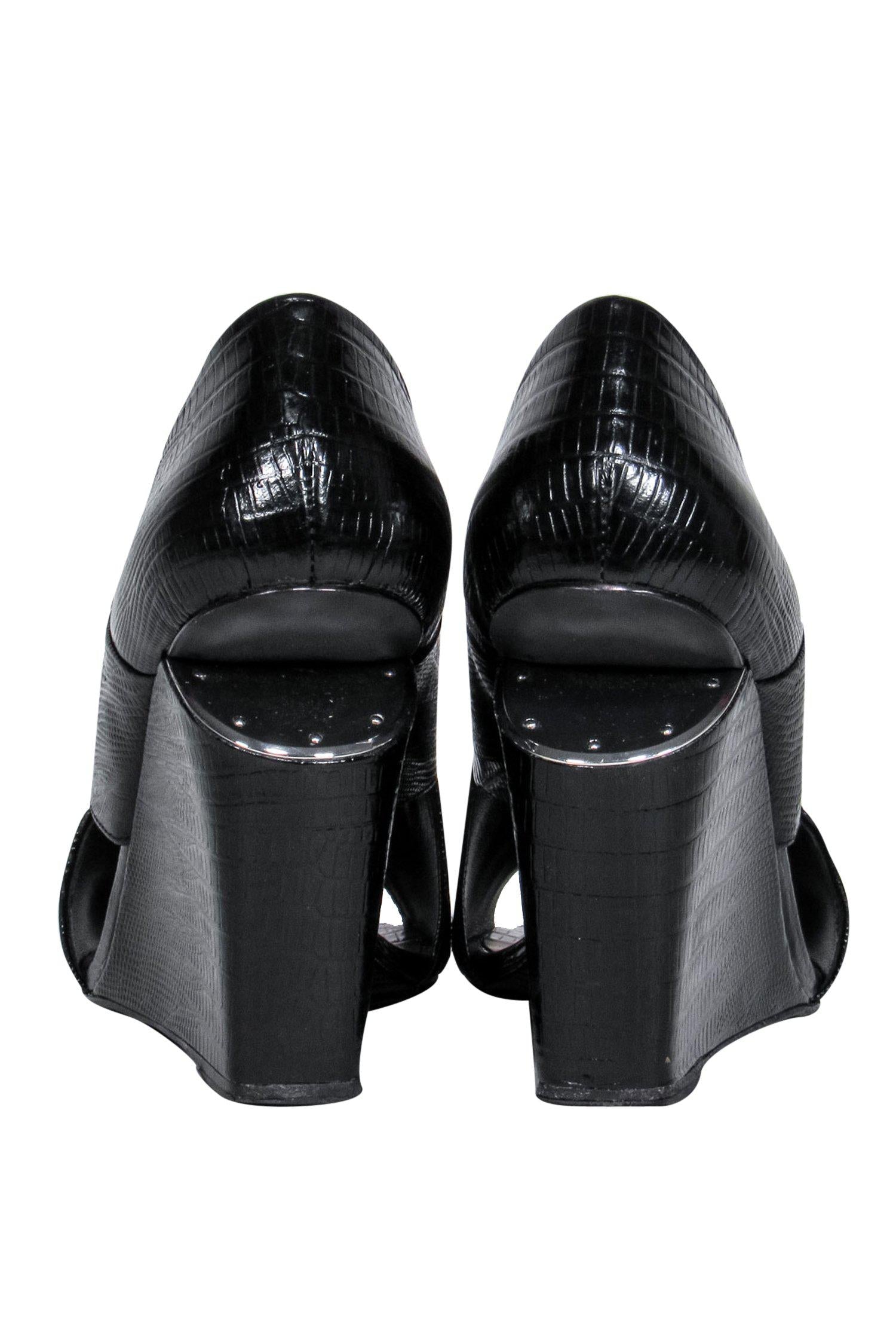 Alexander Wang Black Reptile-Embossed Wedges with Heel Cutout - Size 6.5
