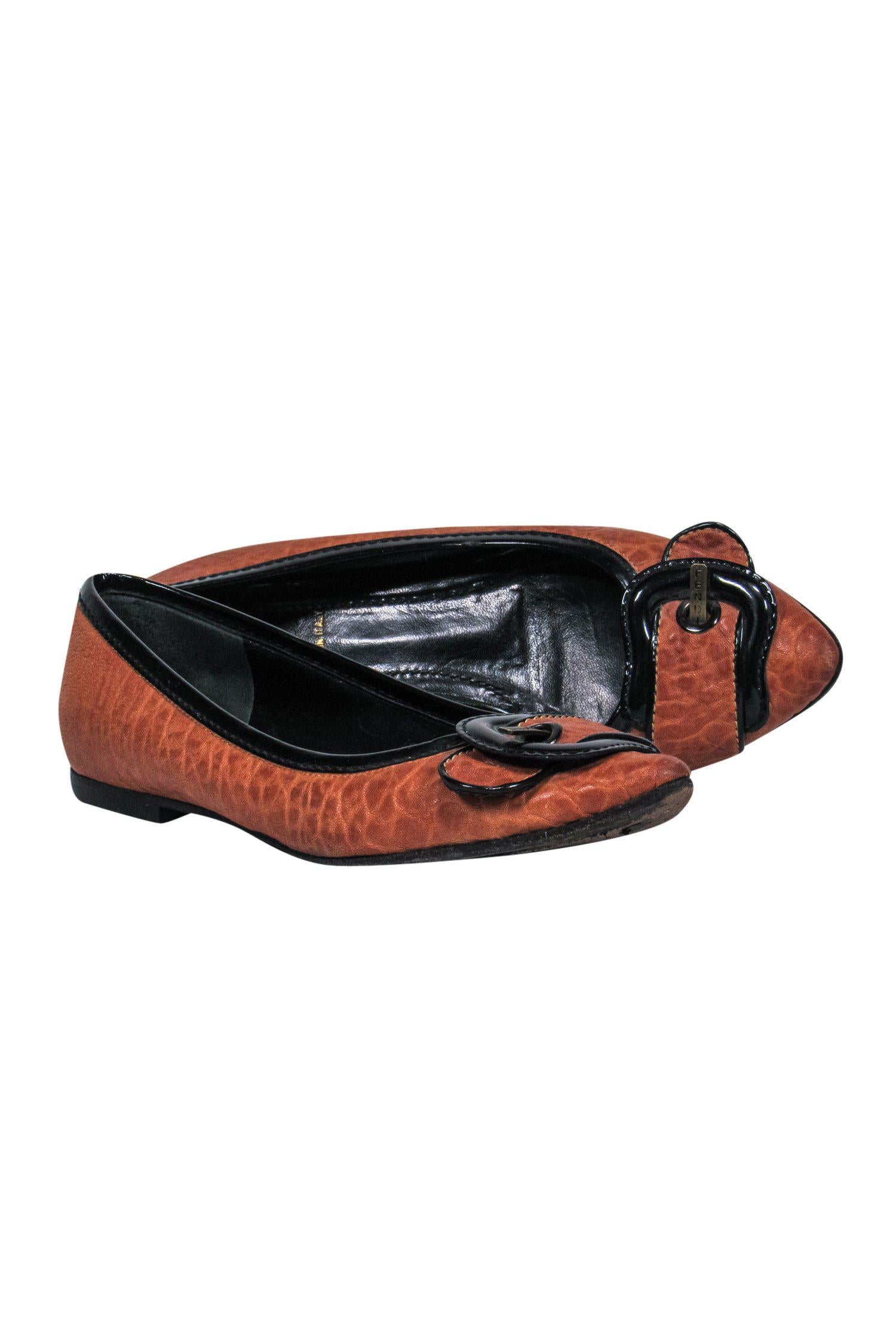 Fendi Edgy Brown Textured Leather Buckle Flats - Size 7.5