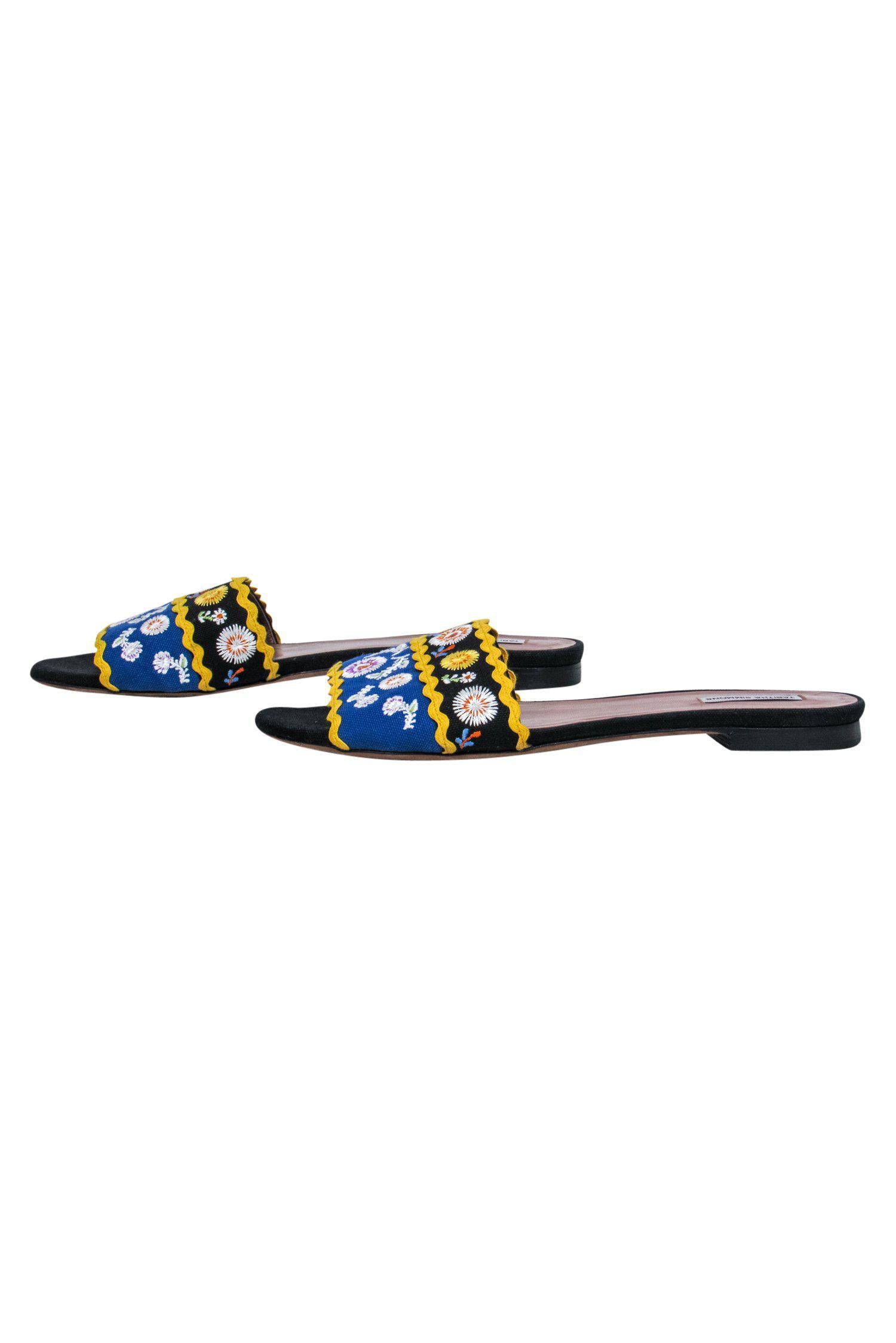 Tabitha Simmons - Vibrant Floral Embroidered Slide Sandals in Black, Blue & Yellow, Size 11