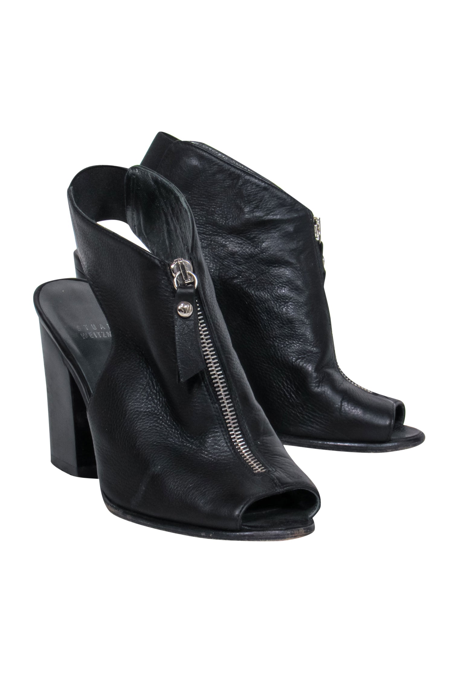 Stuart Weitzman - Stylish Black Smooth Leather Zippered Open Toe Block Heels in Size 7