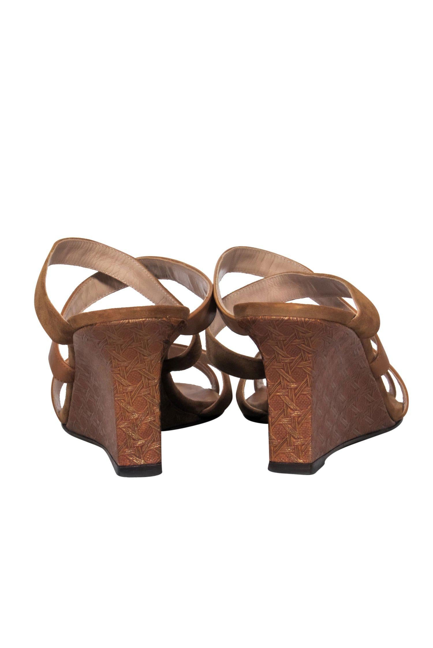 Manolo Blahnik - Stunning Tan Leather & Suede Strappy Wedges with Bronze Printed Wedge, Size 8.5