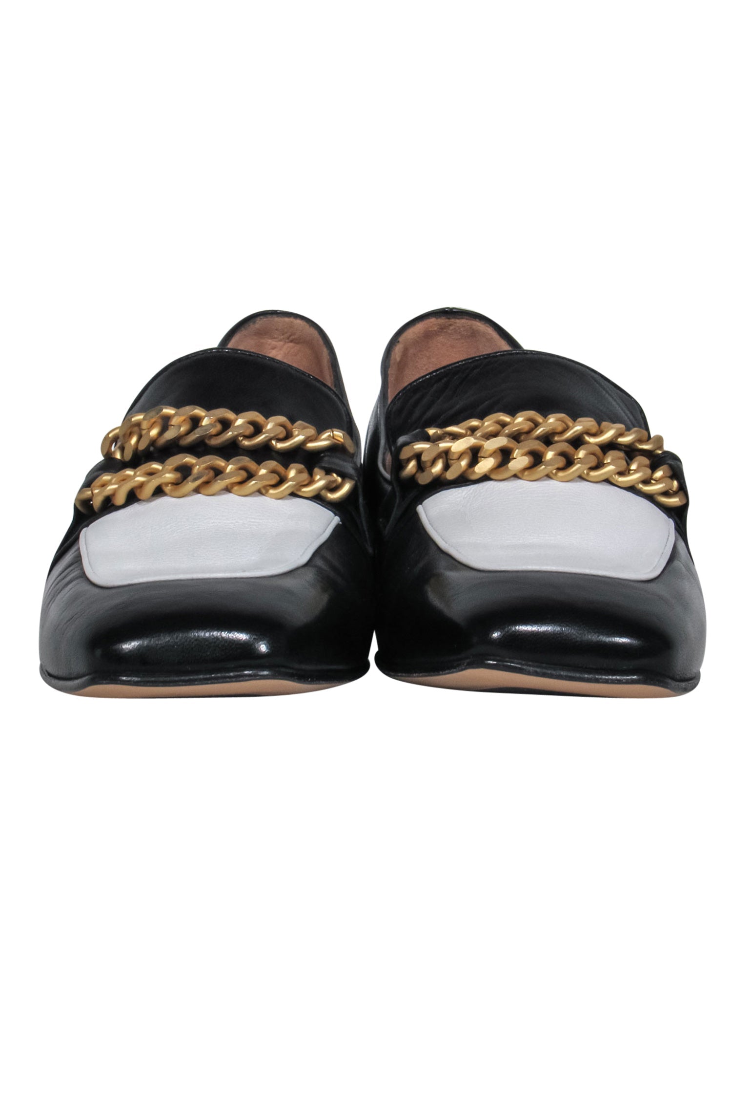 Mara Bini - Stunning Black & White Color Block Loafers with Gold Chain, Size 7.5