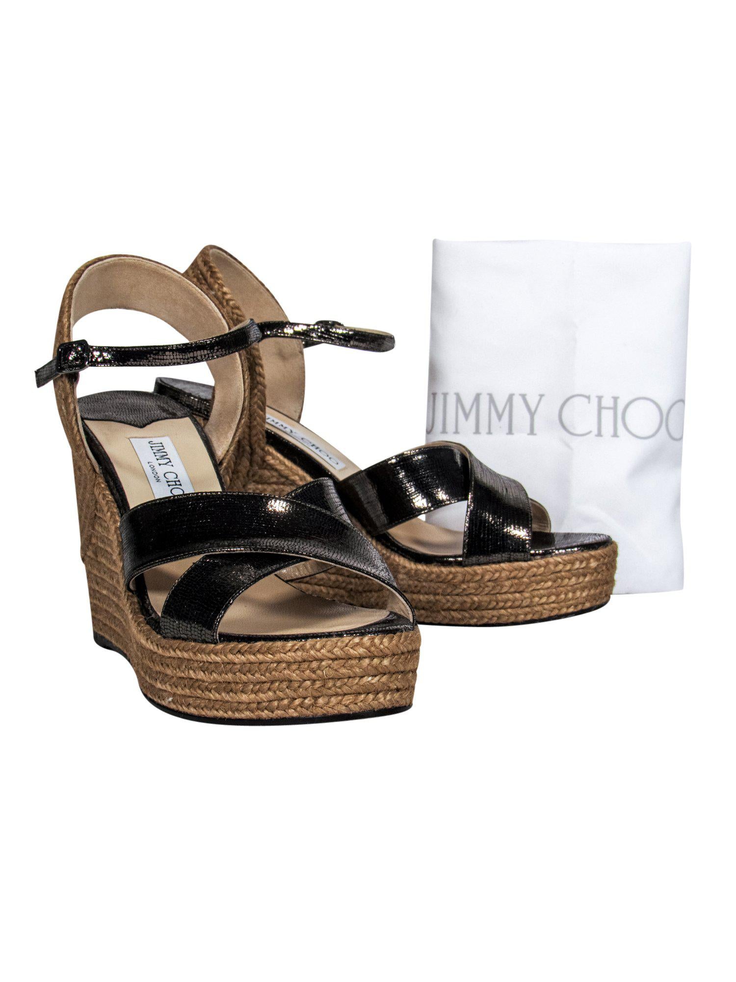 Jimmy Choo Pewter Faux Snakeskin Metallic Woven Wedges - Size 9: Shimmering Resort Footwear