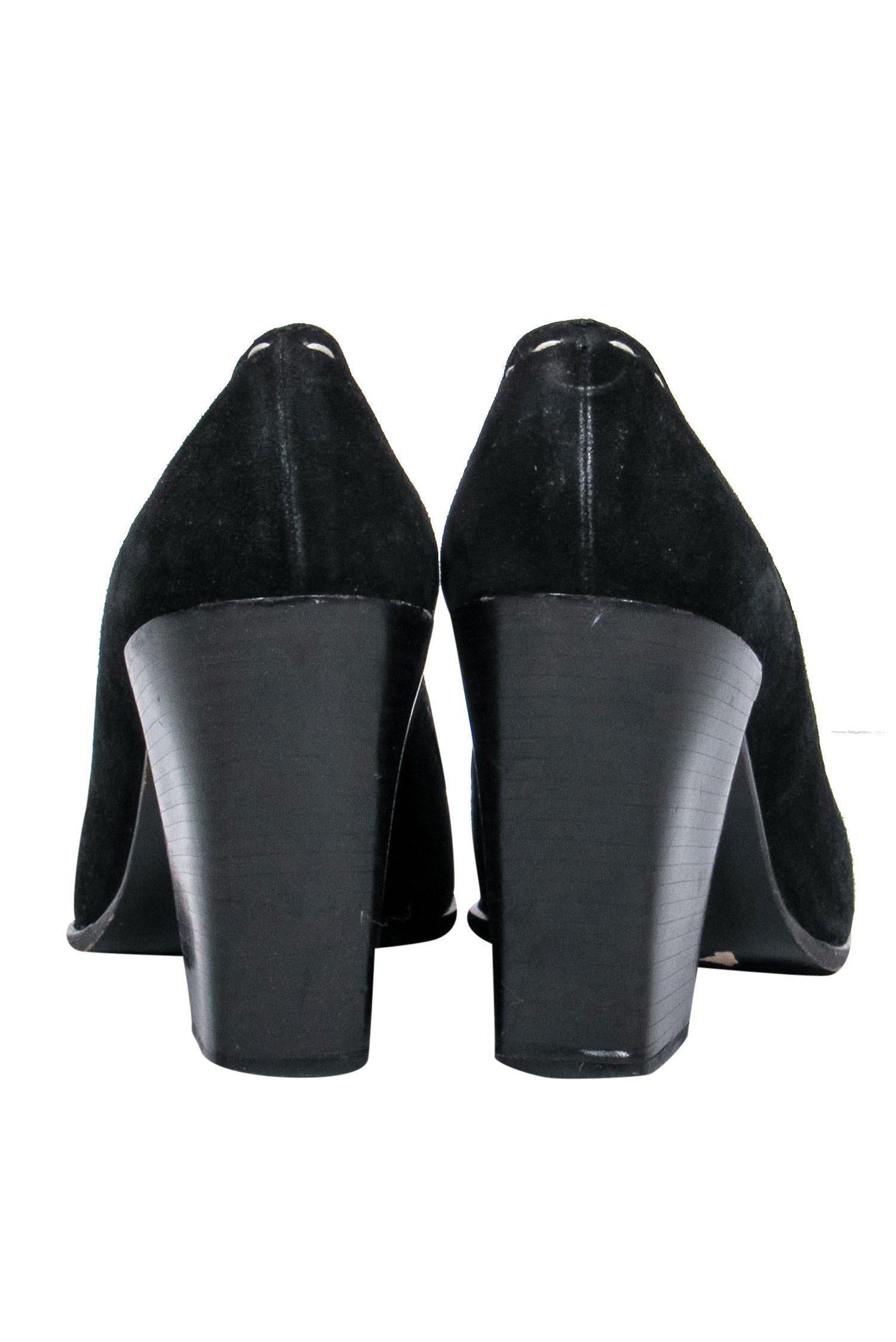 Moschino Black Suede Loafer-Style Heels with White Stitching - Size 8