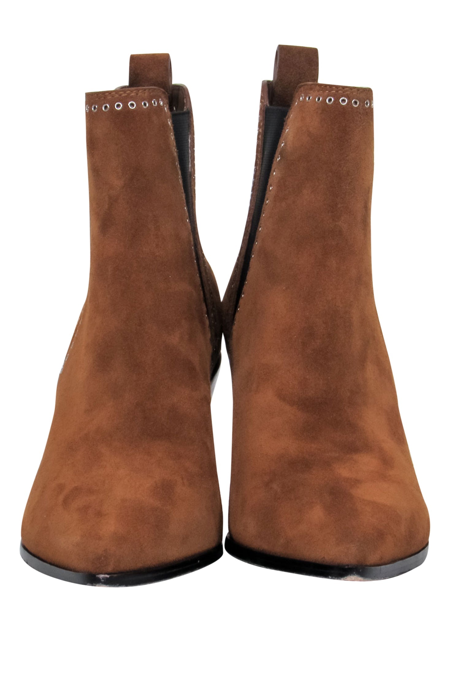 Paige Brown Suede Pointed Toe Block Heel Booties with Grommet Trim - Size 8